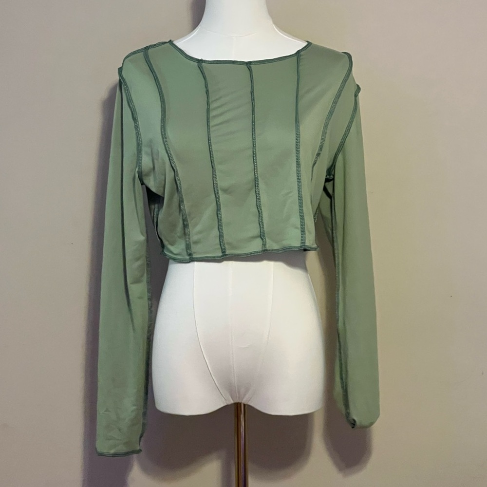 Lettuce Edge Mesh Sage Green Long Sleeve Crop Top